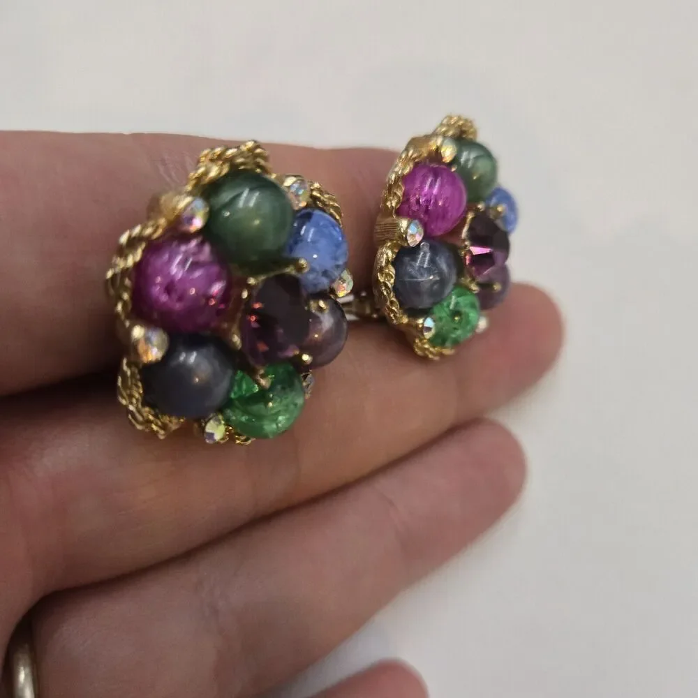 Vintage Kramer Fruit Salad Clip Earrings Lucite Cluster Beaded Gold Tone